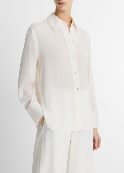 Stretch-Silk Button-Front Blouse in Long Sleeve OFF WHITE | VINCE Women