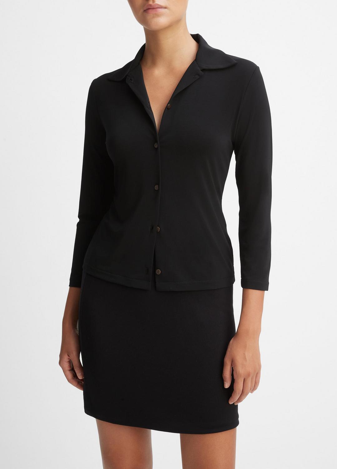Three-Quarter-Sleeve Button-Front Polo Top in Long Sleeve BLACK | VINCE Women