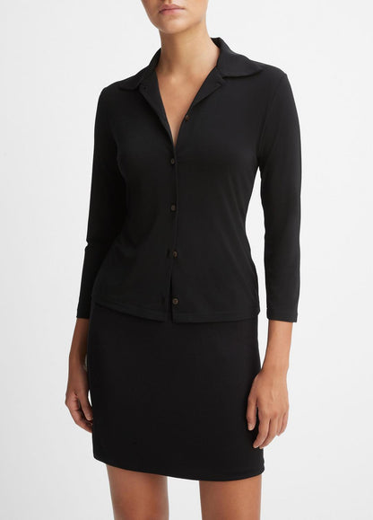 Three-Quarter-Sleeve Button-Front Polo Top in Long Sleeve BLACK | VINCE Women