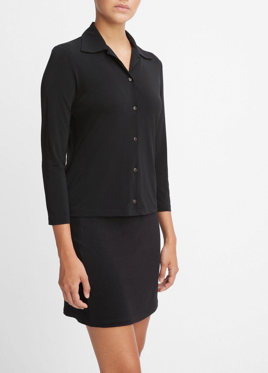 Three-Quarter-Sleeve Button-Front Polo Top in Long Sleeve BLACK | VINCE Women