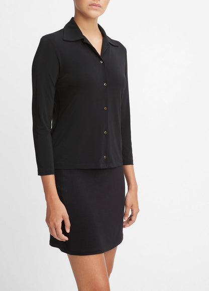 Three-Quarter-Sleeve Button-Front Polo Top in Long Sleeve BLACK | VINCE Women