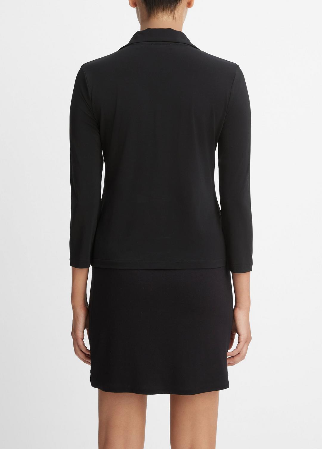 Three-Quarter-Sleeve Button-Front Polo Top in Long Sleeve BLACK | VINCE Women