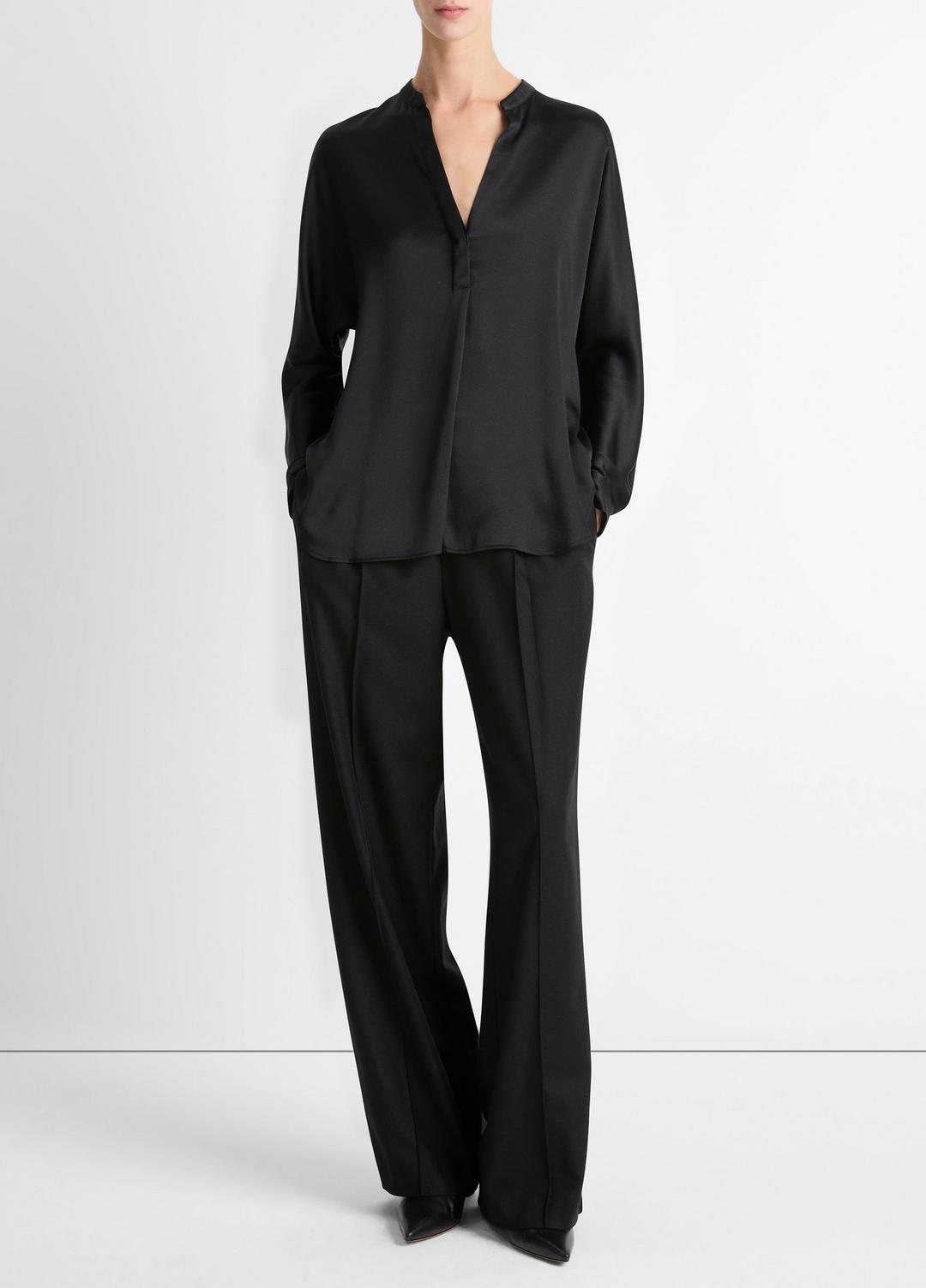 Silk Satin Band-Collar Blouse in Long Sleeve BLACK | VINCE Women