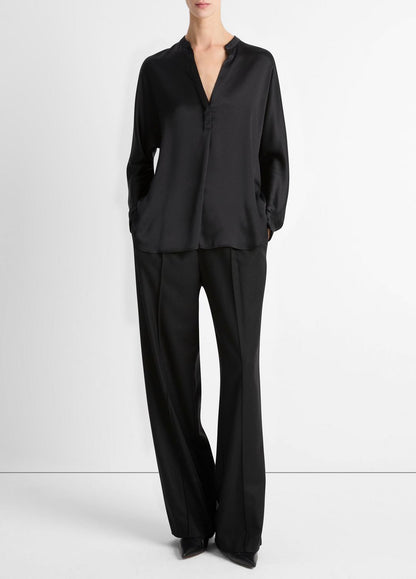 Silk Satin Band-Collar Blouse in Long Sleeve BLACK | VINCE Women
