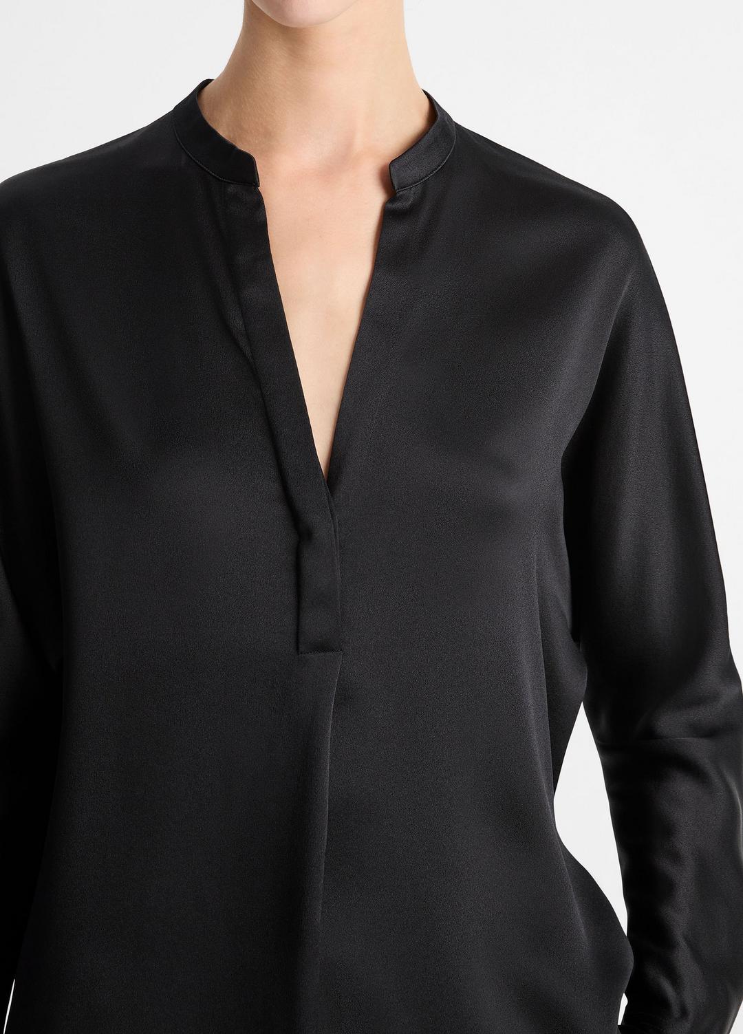 Silk Satin Band-Collar Blouse in Long Sleeve BLACK | VINCE Women