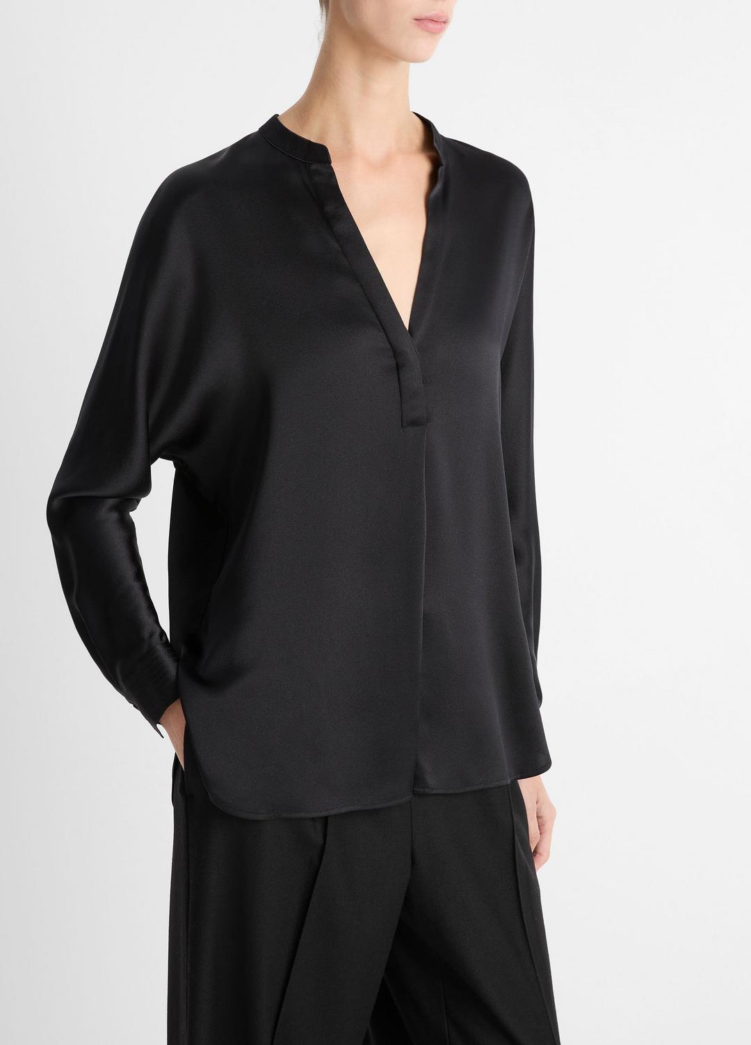 Silk Satin Band-Collar Blouse in Long Sleeve BLACK | VINCE Women