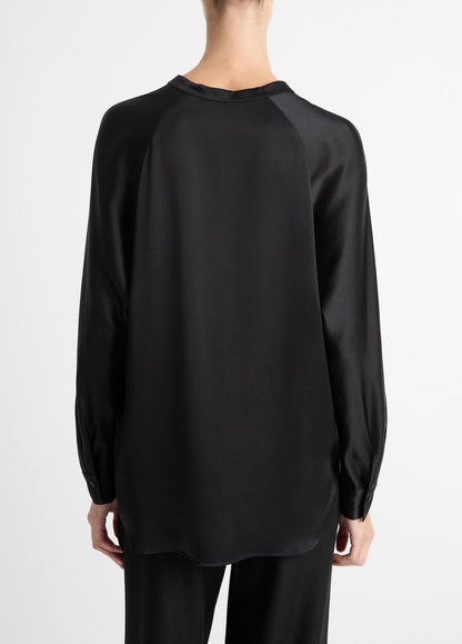Silk Satin Band-Collar Blouse in Long Sleeve BLACK | VINCE Women