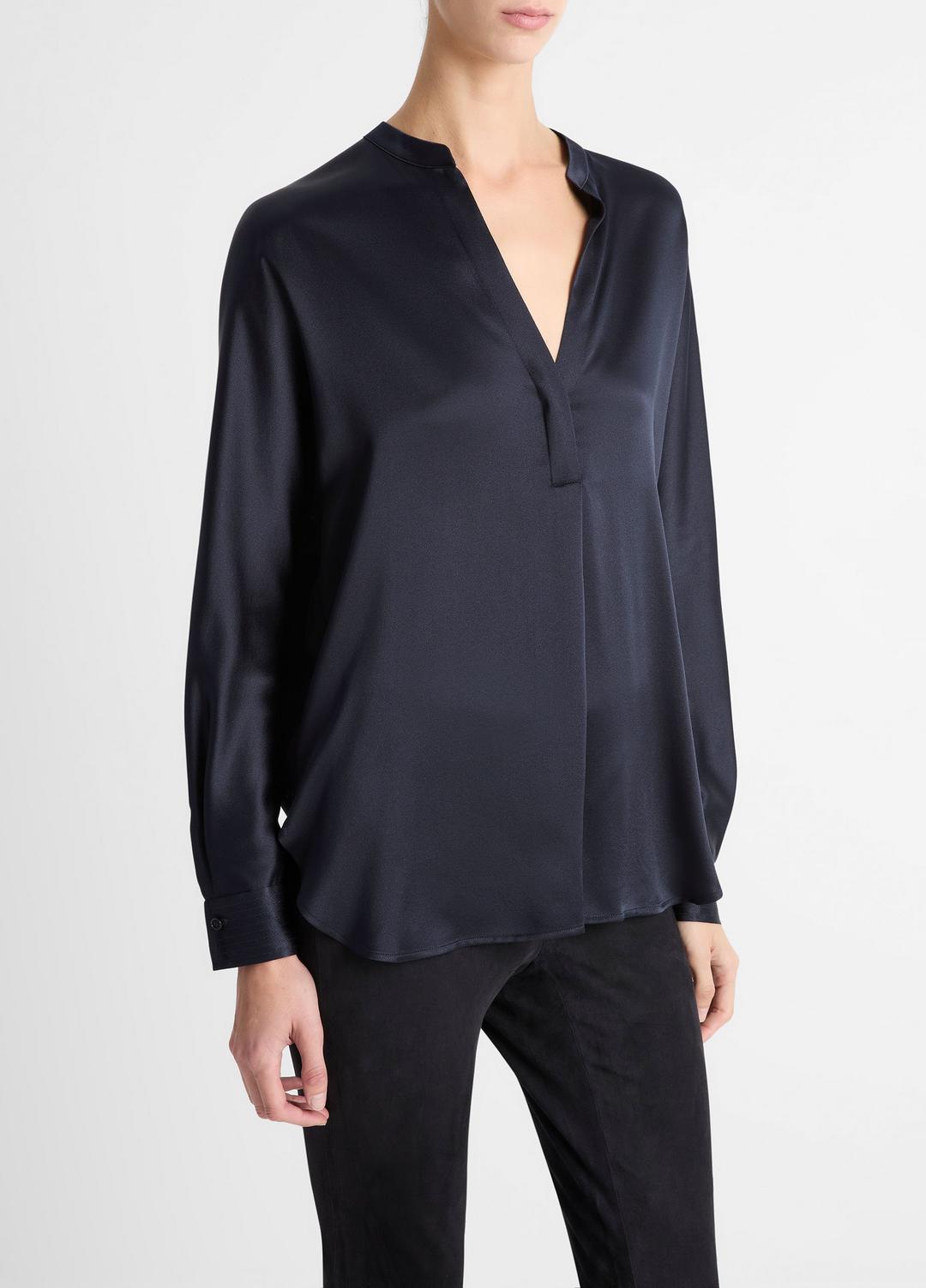 Silk Satin Band-Collar Blouse in Long Sleeve COASTAL BLUE | VINCE Women