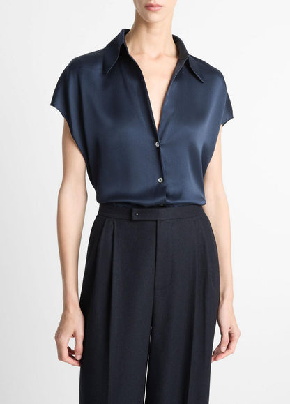 Silk Cap-Sleeve Ruched-Back Blouse in Short Sleeve COASTAL BLUE | VINCE Women