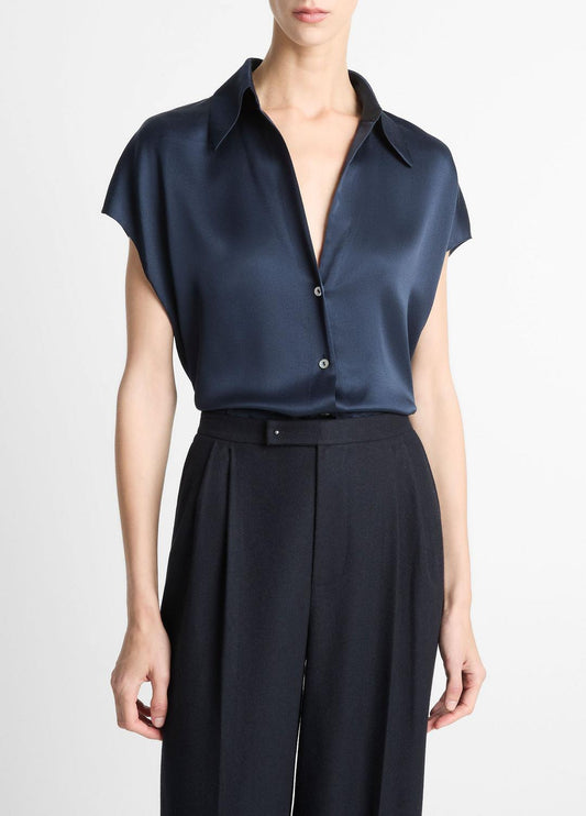 Silk Cap-Sleeve Ruched-Back Blouse in Short Sleeve COASTAL BLUE | VINCE Women