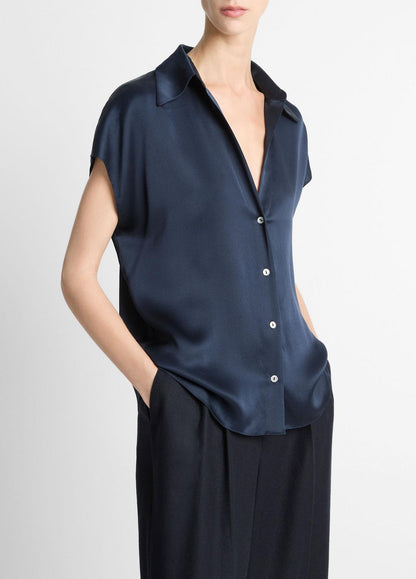 Silk Cap-Sleeve Ruched-Back Blouse in Short Sleeve COASTAL BLUE | VINCE Women