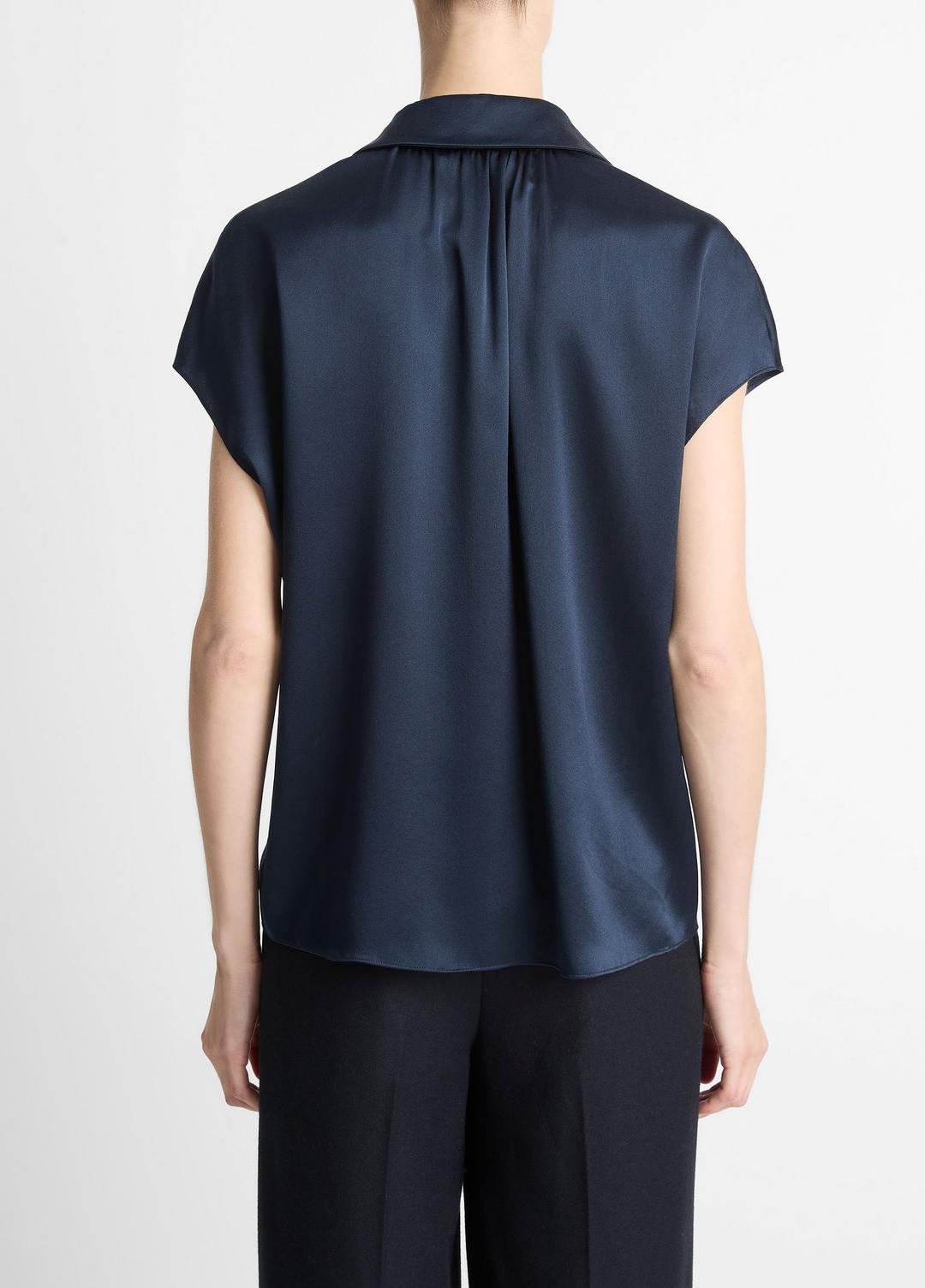 Silk Cap-Sleeve Ruched-Back Blouse in Short Sleeve COASTAL BLUE | VINCE Women