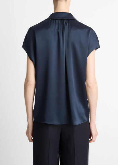 Silk Cap-Sleeve Ruched-Back Blouse in Short Sleeve COASTAL BLUE | VINCE Women