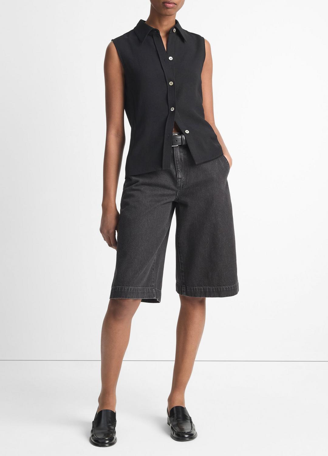 Sleeveless Button-Front Shirt in Short Sleeve BLACK | VINCE Women