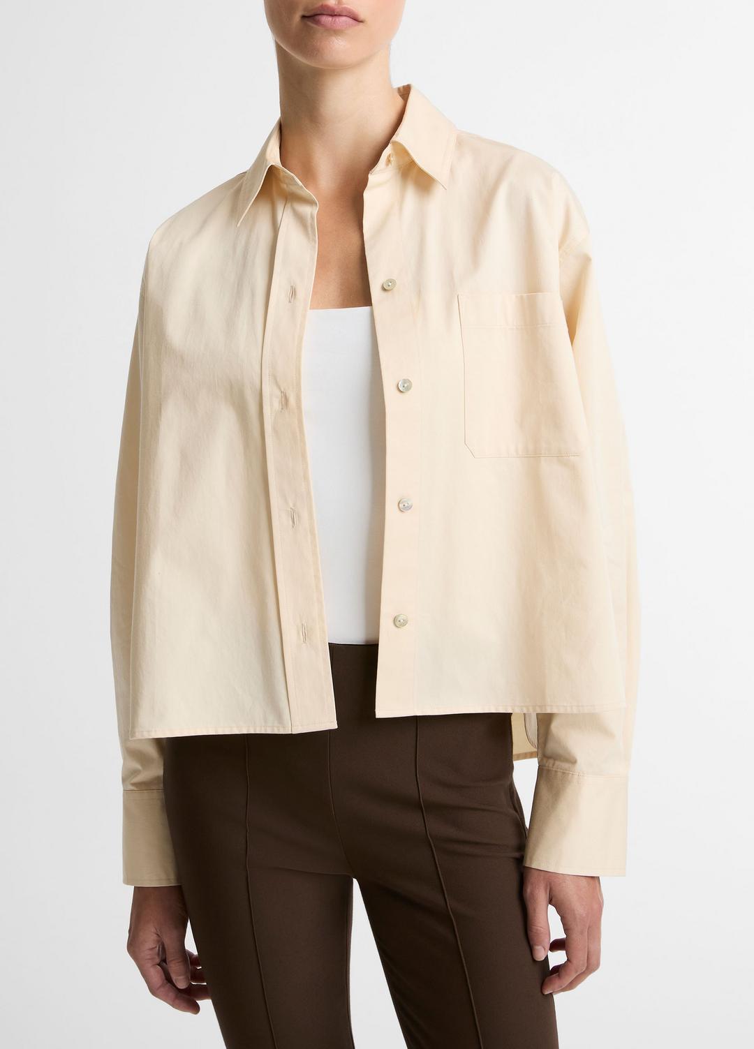 Cotton Cropped Button-Front Shirt  in Long Sleeve ECRU | VINCE Women
