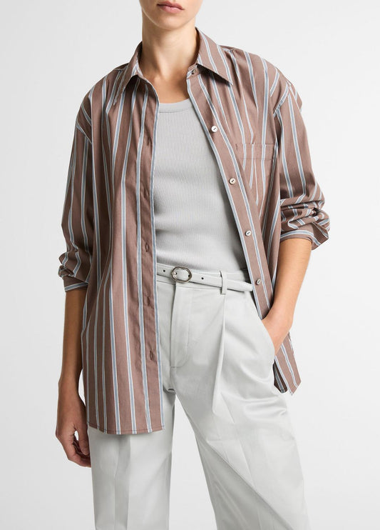 Striped Cotton-Blend Button-Front Shirt in Long Sleeve BROWN MULTI | VINCE Women