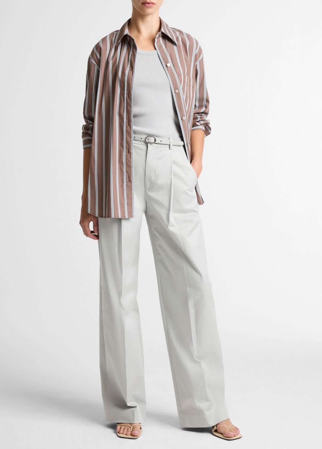Striped Cotton-Blend Button-Front Shirt in Long Sleeve BROWN MULTI | VINCE Women