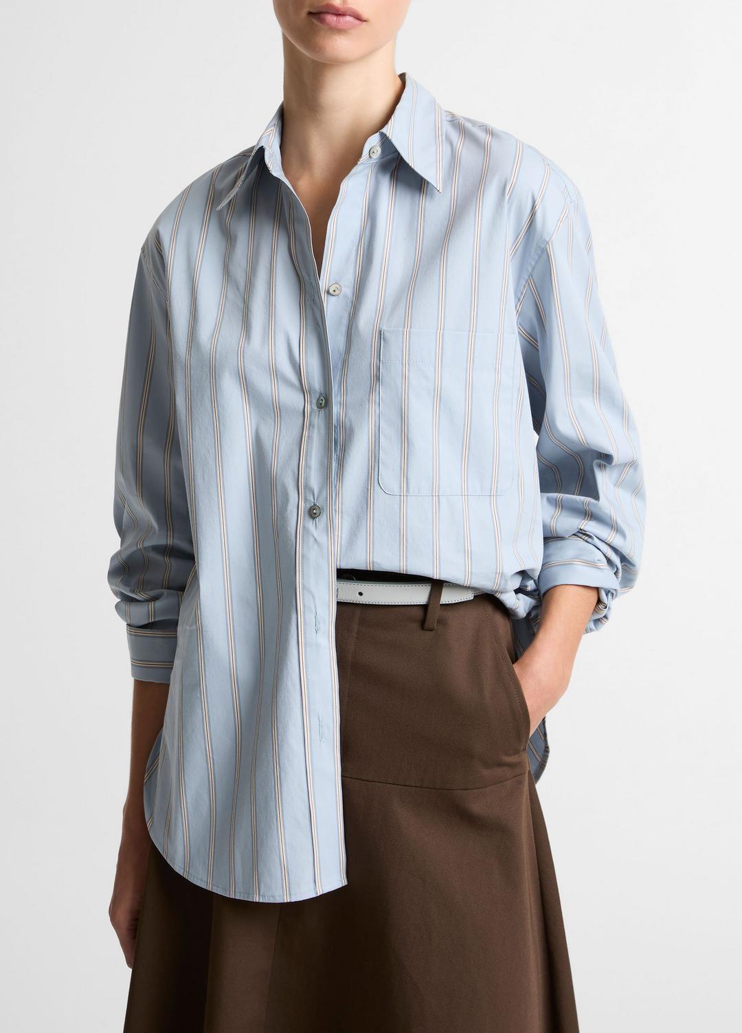 Striped Cotton-Blend Button-Front Shirt in Long Sleeve DEL MAR MULTI | VINCE Women