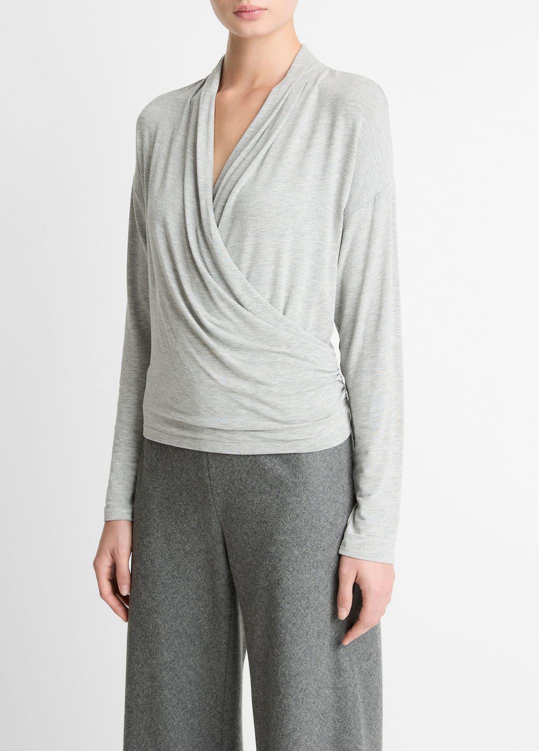 Relaxed Fixed-Wrap Jersey Top in Long Sleeve HEATHER PALE GREY | VINCE Women