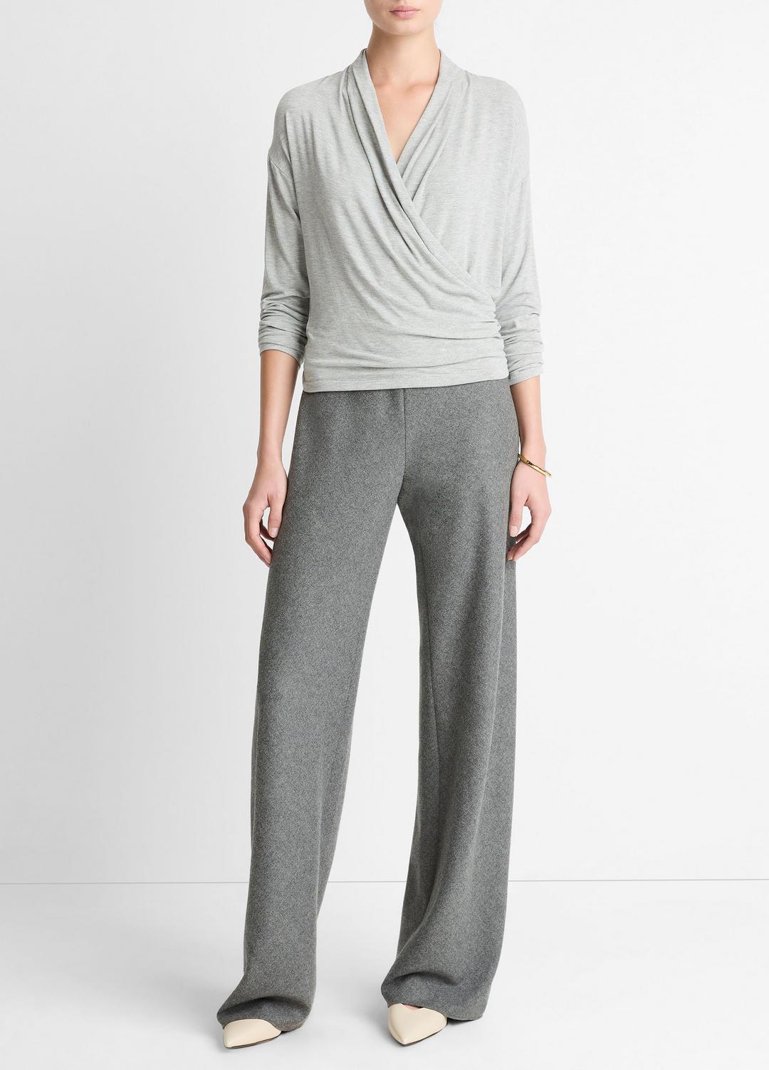 Relaxed Fixed-Wrap Jersey Top in Long Sleeve HEATHER PALE GREY | VINCE Women