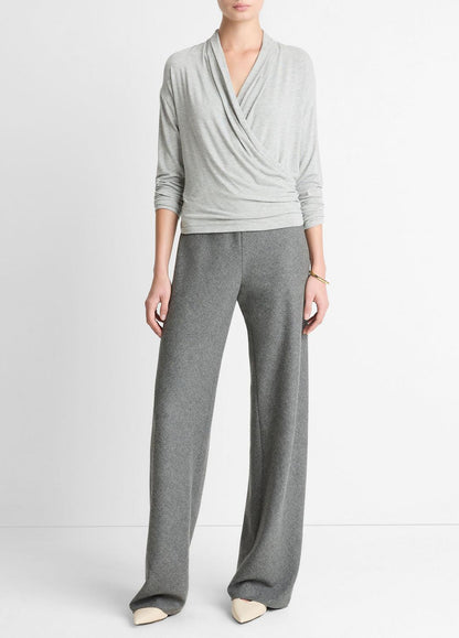 Relaxed Fixed-Wrap Jersey Top in Long Sleeve HEATHER PALE GREY | VINCE Women