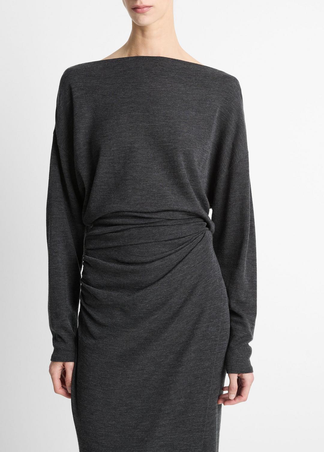 Draped Wool-Blend Slash-Neck Top in Long Sleeve DARK HEATHER GREY | VINCE Women
