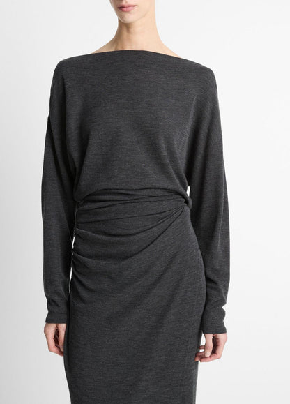 Draped Wool-Blend Slash-Neck Top in Long Sleeve DARK HEATHER GREY | VINCE Women