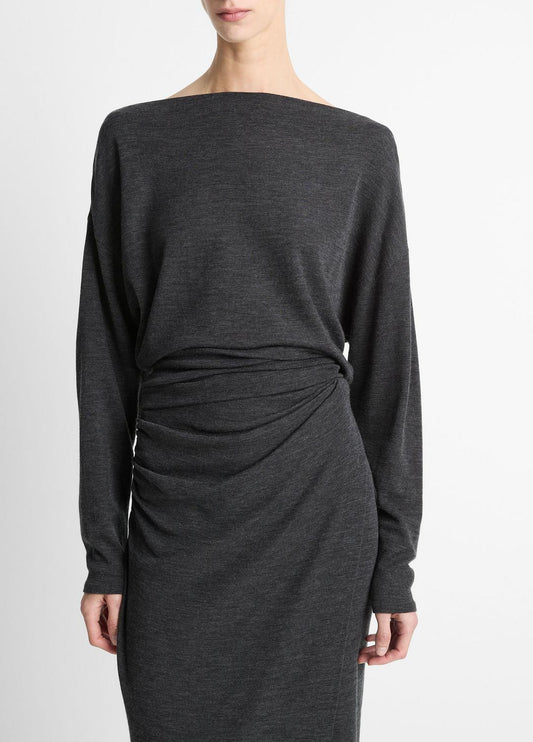 Draped Wool-Blend Slash-Neck Top in Long Sleeve DARK HEATHER GREY | VINCE Women
