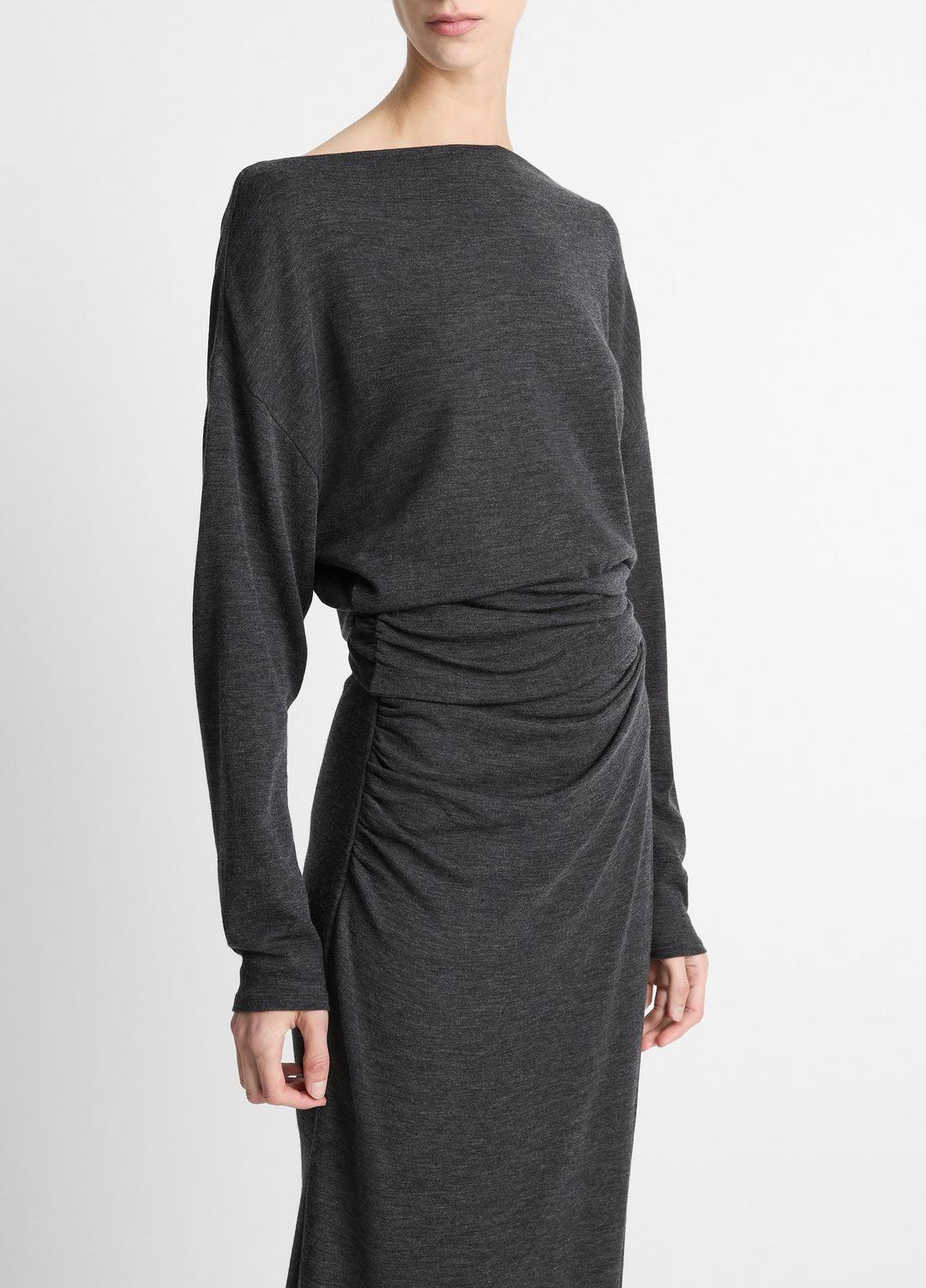Draped Wool-Blend Slash-Neck Top in Long Sleeve DARK HEATHER GREY | VINCE Women