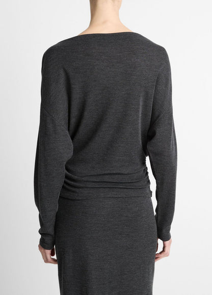 Draped Wool-Blend Slash-Neck Top in Long Sleeve DARK HEATHER GREY | VINCE Women