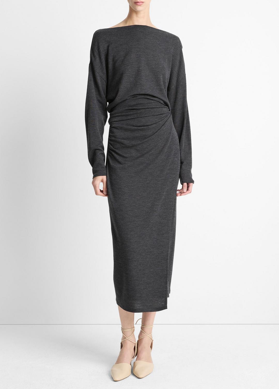 Draped Wool-Blend Slash-Neck Top in Long Sleeve DARK HEATHER GREY | VINCE Women