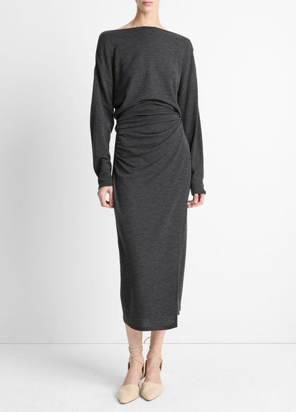 Draped Wool-Blend Slash-Neck Top in Long Sleeve DARK HEATHER GREY | VINCE Women