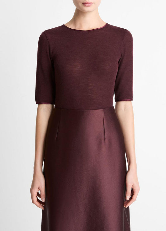 Satin-Trim Wool Elbow-Sleeve T-Shirt in Short Sleeve OXBLOOD | VINCE Women