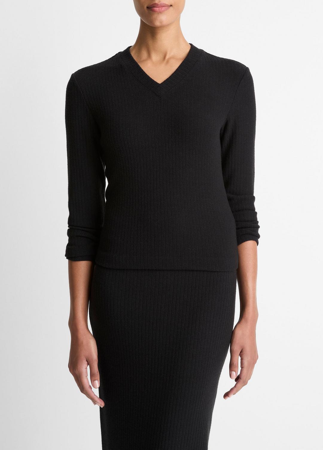 Cozy Rib High V-Neck Top in Long Sleeve BLACK | VINCE Women