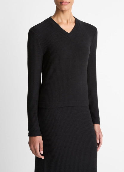 Cozy Rib High V-Neck Top in Long Sleeve BLACK | VINCE Women