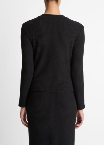 Cozy Rib High V-Neck Top in Long Sleeve BLACK | VINCE Women
