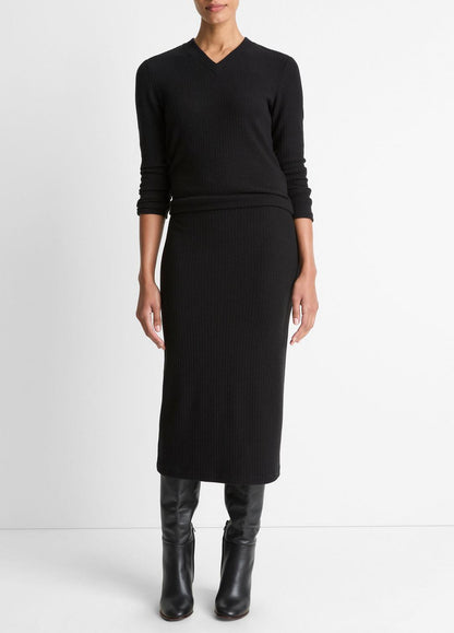 Cozy Rib High V-Neck Top in Long Sleeve BLACK | VINCE Women