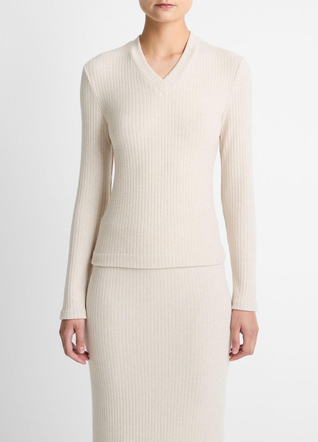Cozy Rib High V-Neck Top in Long Sleeve HEATHER CREAM OAT | VINCE Women