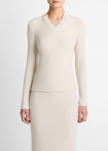 Cozy Rib High V-Neck Top in Long Sleeve HEATHER CREAM OAT | VINCE Women