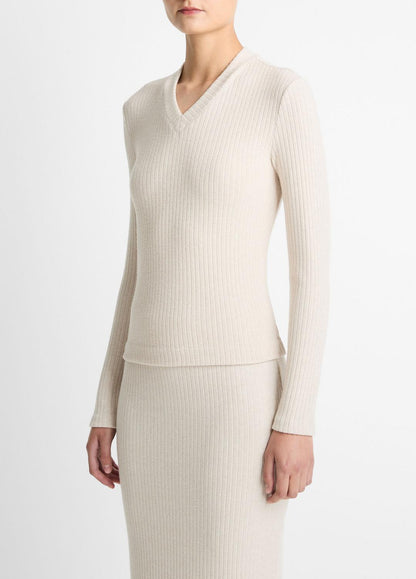 Cozy Rib High V-Neck Top in Long Sleeve HEATHER CREAM OAT | VINCE Women