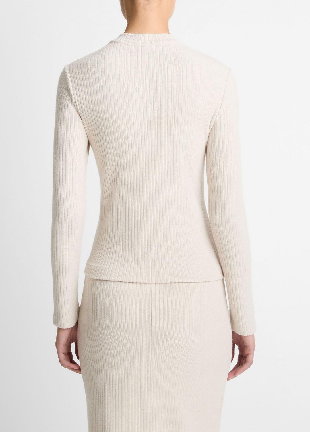 Cozy Rib High V-Neck Top in Long Sleeve HEATHER CREAM OAT | VINCE Women