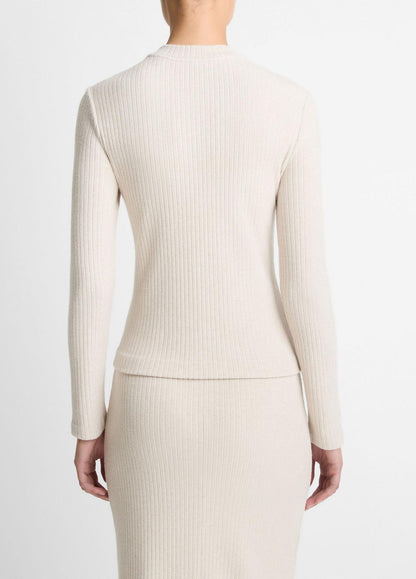 Cozy Rib High V-Neck Top in Long Sleeve HEATHER CREAM OAT | VINCE Women