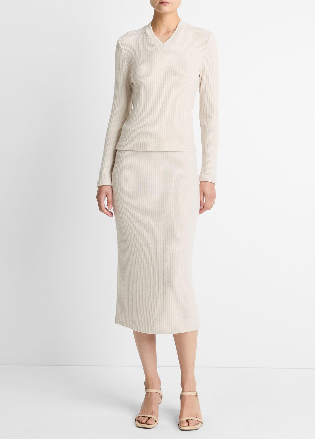 Cozy Rib High V-Neck Top in Long Sleeve HEATHER CREAM OAT | VINCE Women
