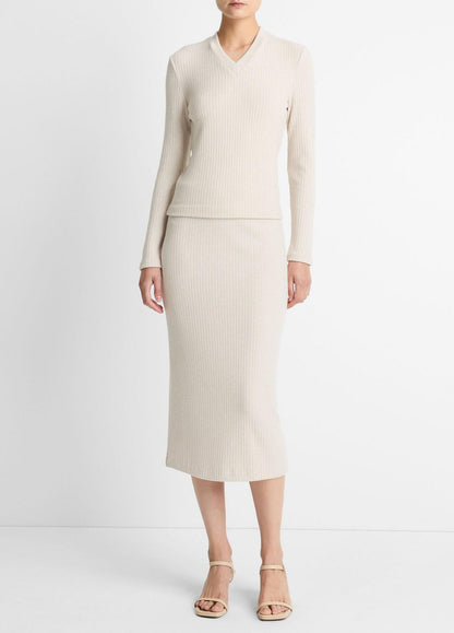 Cozy Rib High V-Neck Top in Long Sleeve HEATHER CREAM OAT | VINCE Women