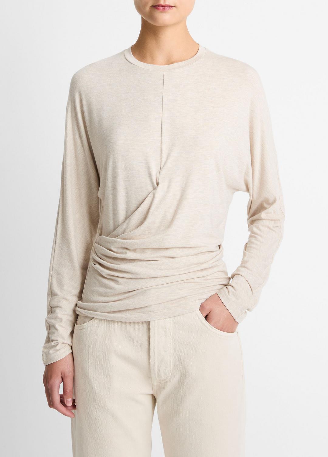 Fixed-Drape Long-Sleeve T-Shirt in Long Sleeve HEATHER CREAM OAT | VINCE Women