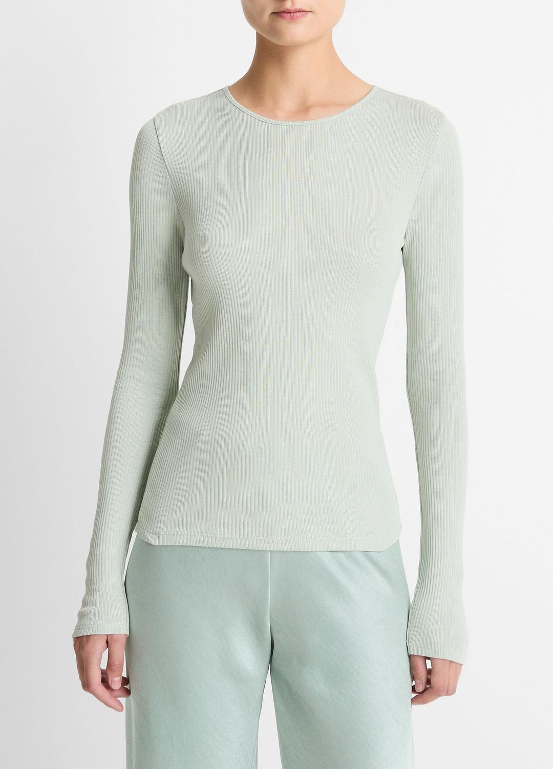 Ribbed Pima Cotton Long-Sleeve T-Shirt in Long Sleeve LIGHT ALOE STONE | VINCE Women