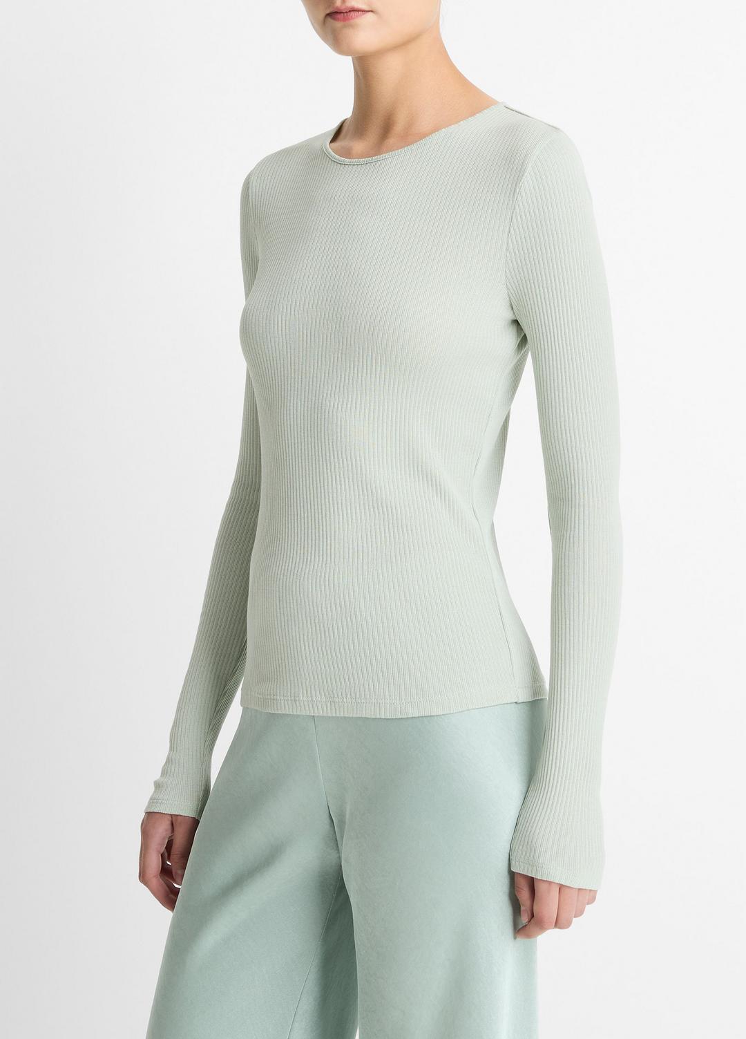 Ribbed Pima Cotton Long-Sleeve T-Shirt in Long Sleeve LIGHT ALOE STONE | VINCE Women