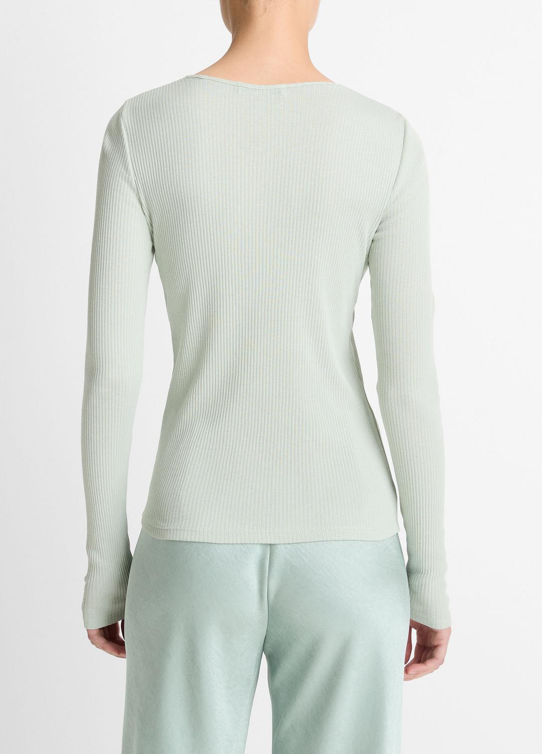 Ribbed Pima Cotton Long-Sleeve T-Shirt in Long Sleeve LIGHT ALOE STONE | VINCE Women