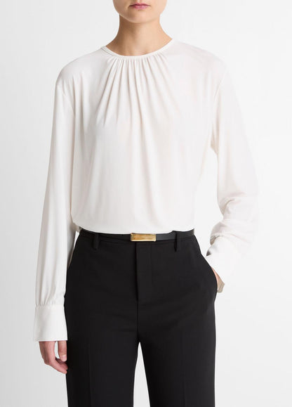 Matte Jersey Gathered Blouse in Long Sleeve OFF WHITE | VINCE Women