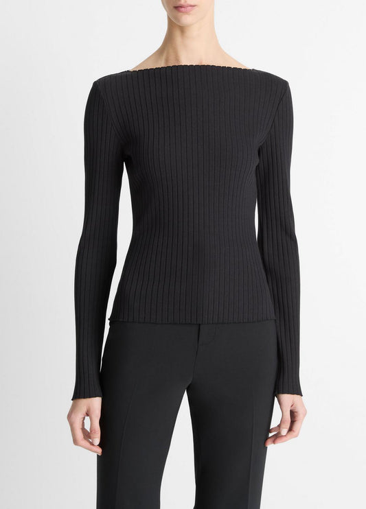 Ribbed Cotton-Blend Slash-Neck Long-Sleeve Top in Long Sleeve BLACK | VINCE Women